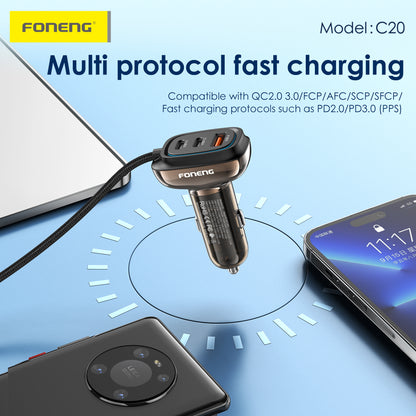 C20 A+C+C 3-Port Car Charger (66W & With Type-C Cable)