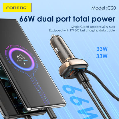 C20 A+C+C 3-Port Car Charger (66W & With Type-C Cable)