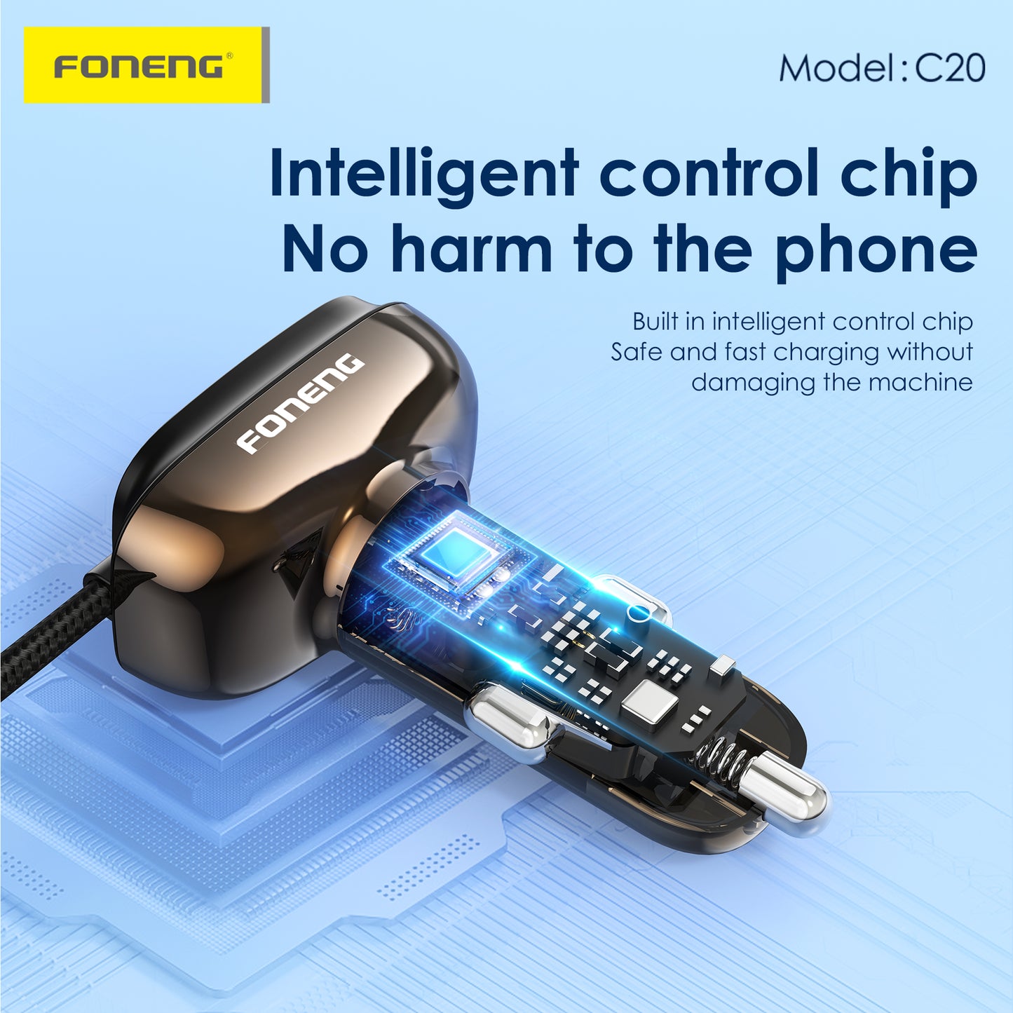 C20 A+C+C 3-Port Car Charger (66W & With Type-C Cable)