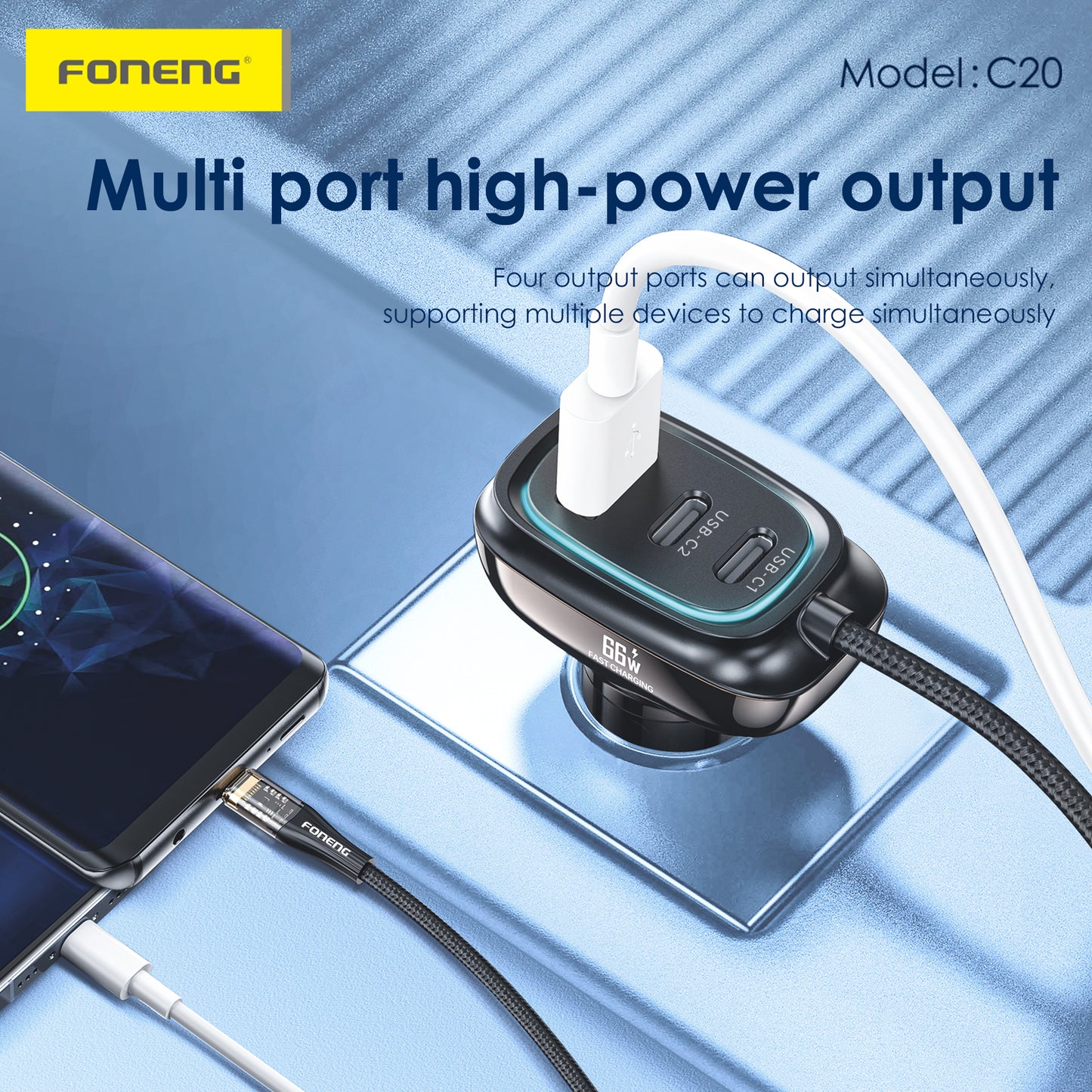C20 A+C+C 3-Port Car Charger (66W & With Type-C Cable)