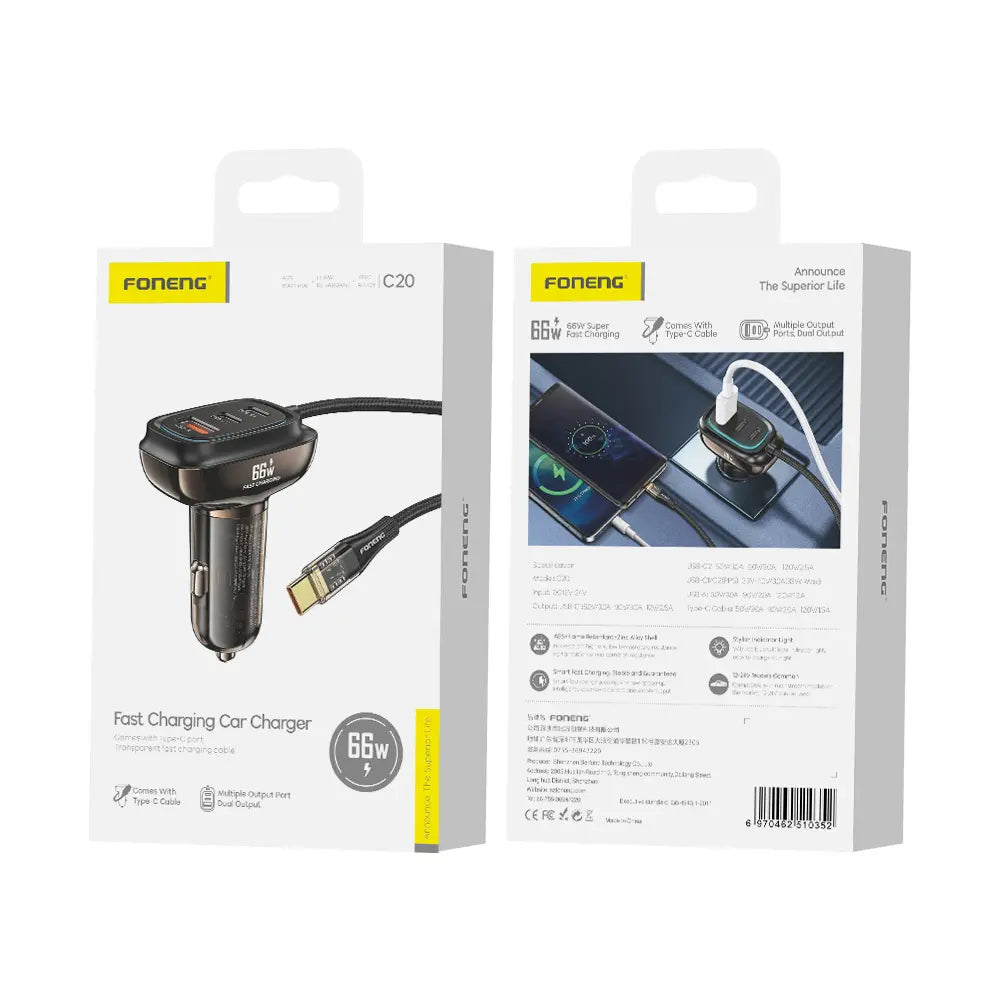 C20 A+C+C 3-Port Car Charger (66W & With Type-C Cable)
