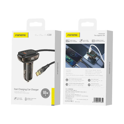 C20 A+C+C 3-Port Car Charger (66W & With Type-C Cable)