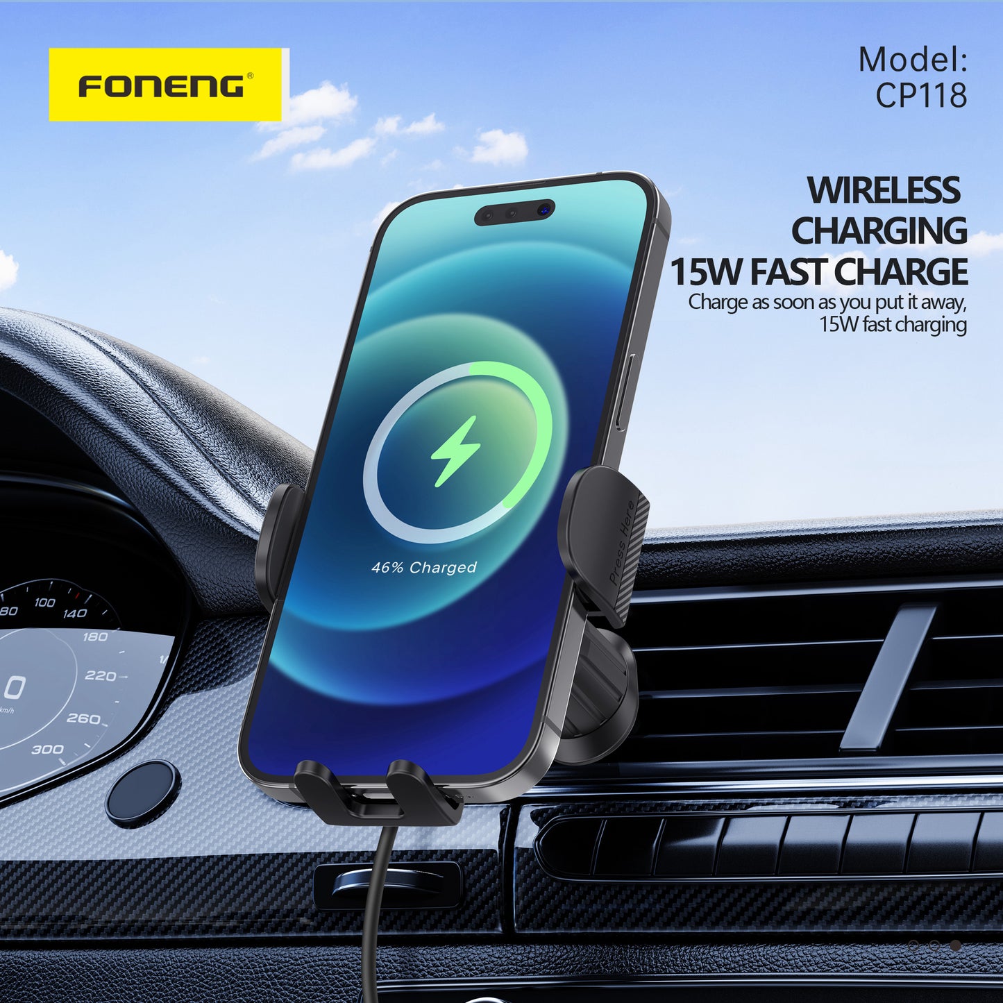 CP118 Wireless Charging Car Phone Holder (15W) (Air Vent/Center Console)