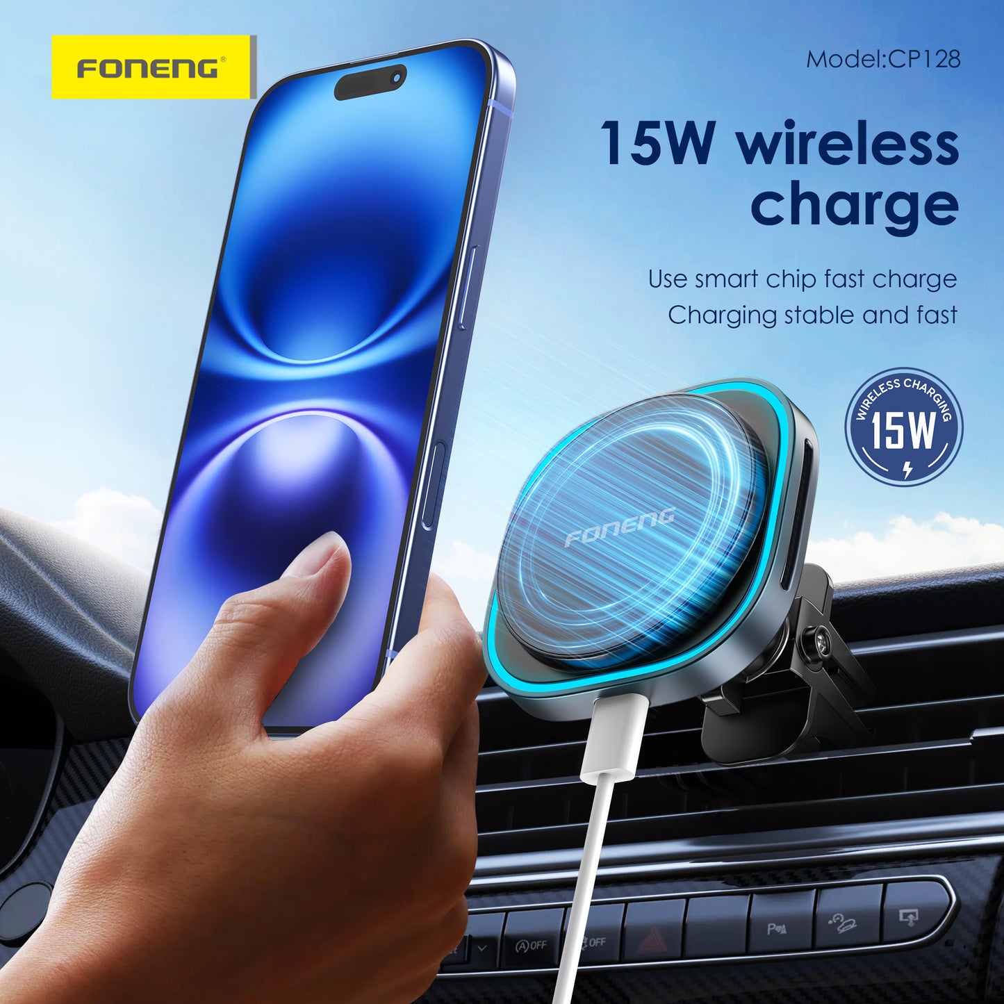 CP128 Magnetic Wireless Charging Car Phone Holder with Light (15W)
