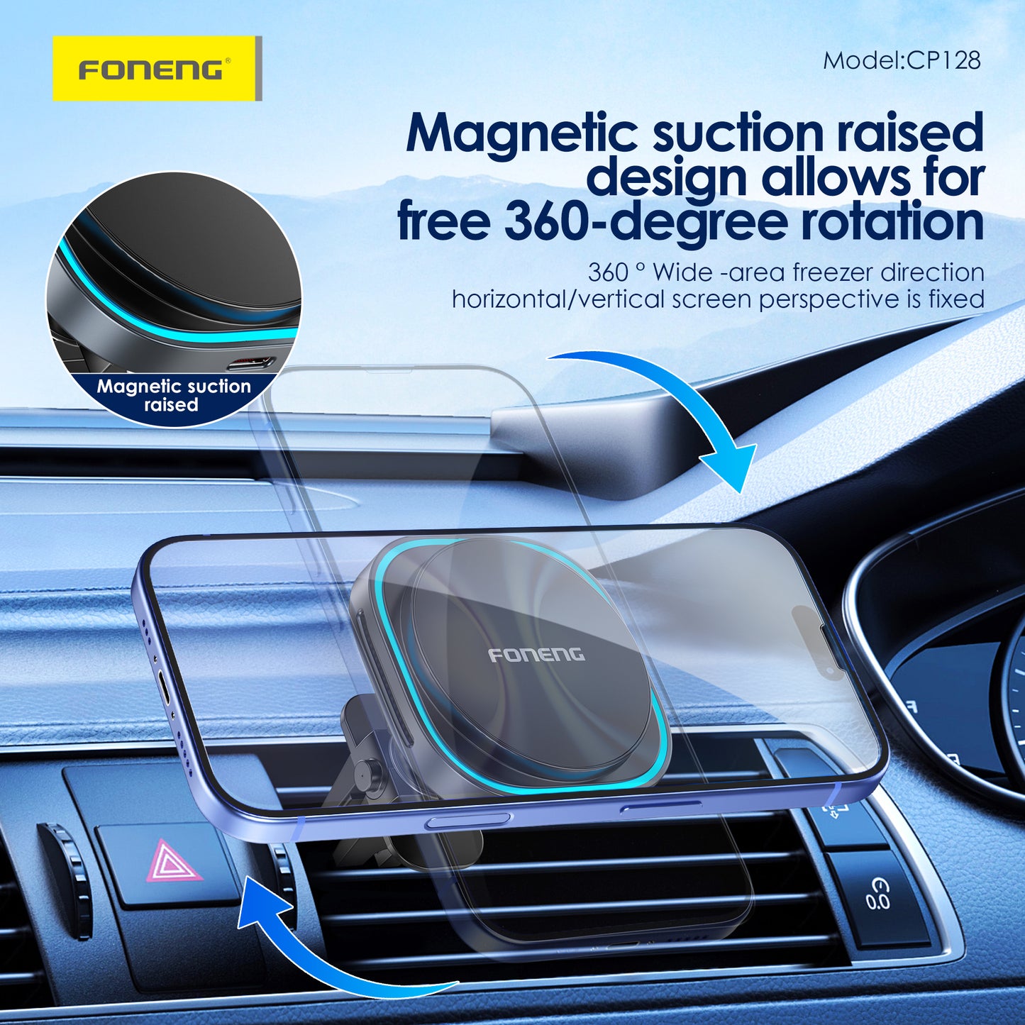 CP128 Magnetic Wireless Charging Car Phone Holder with Light (15W)